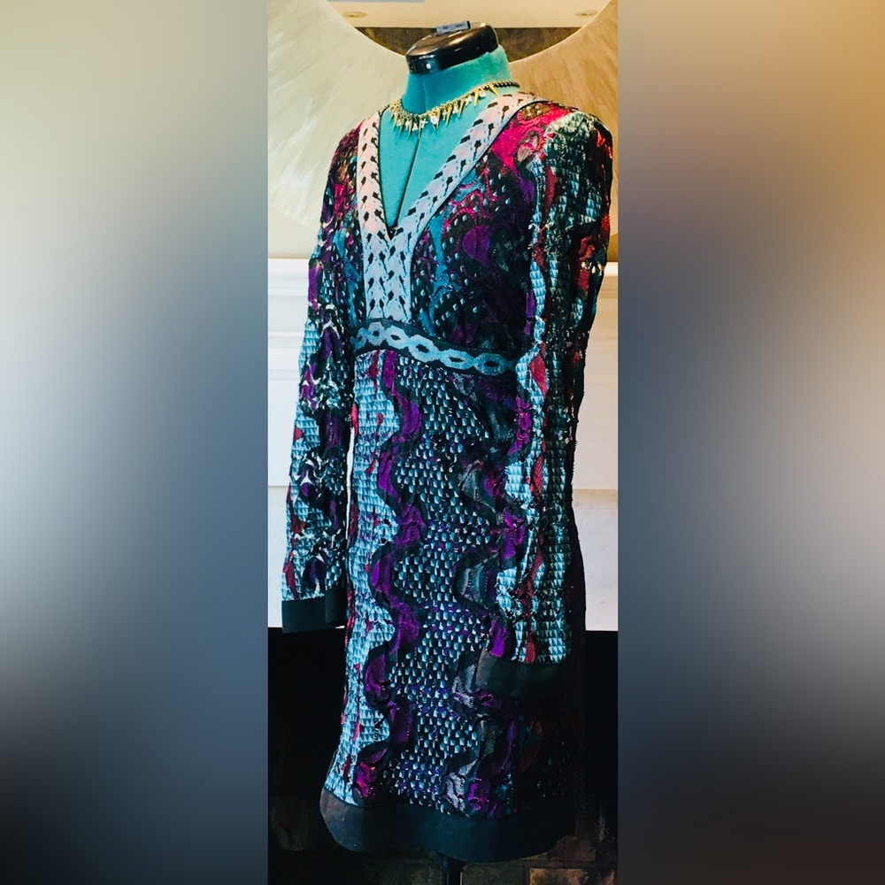 HALE BOB long-sleeve V-neck blue purple midi dress Lace Geometric Stretch Jewel - Picture 4 of 11